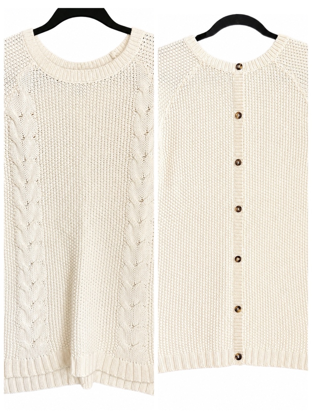 Cynthia Rowley 100% Cotton Cable Knit Sweater Cream Button Back Tunic Size M